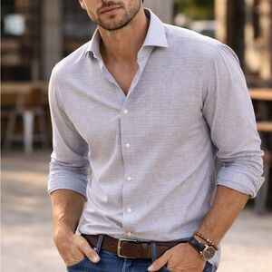 Haleigh Bespoke Mens Button Down Shirt 17.5 Light Blue Check Italian Made Dallas